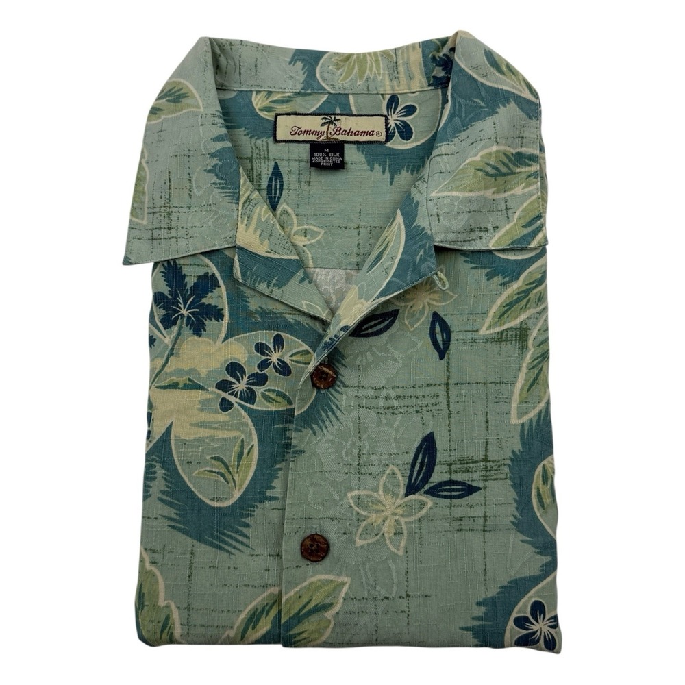 Tommy Bahama Green Blue Palm Print Silk Short Sleeve Button Up Shirt Mens Medium